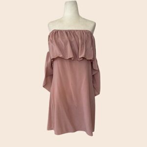 Roe + May Blush Pink Silk Off Shoulder Mini Baby Doll Dress Size Large
